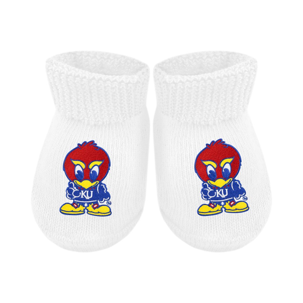 Creative Knitwear College NCAA Officially Licensed Baby Bootie Sock - Kansas Jayhawks Baby Jay Logo - White - Newborn to 6 Months