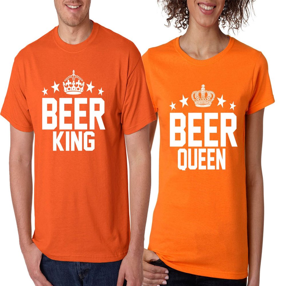 ALLNTRENDS Couple T Shirts Beer King and Queen Matching St Patrick's Shirts (Womens XL Mens 3XL, Orange)