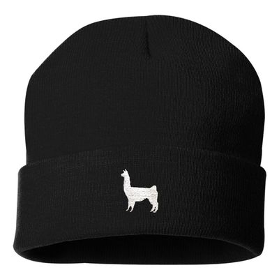 Go All Out One Size Black Cuffed Llama Embroidered Cuffed Knit Beanie Cap