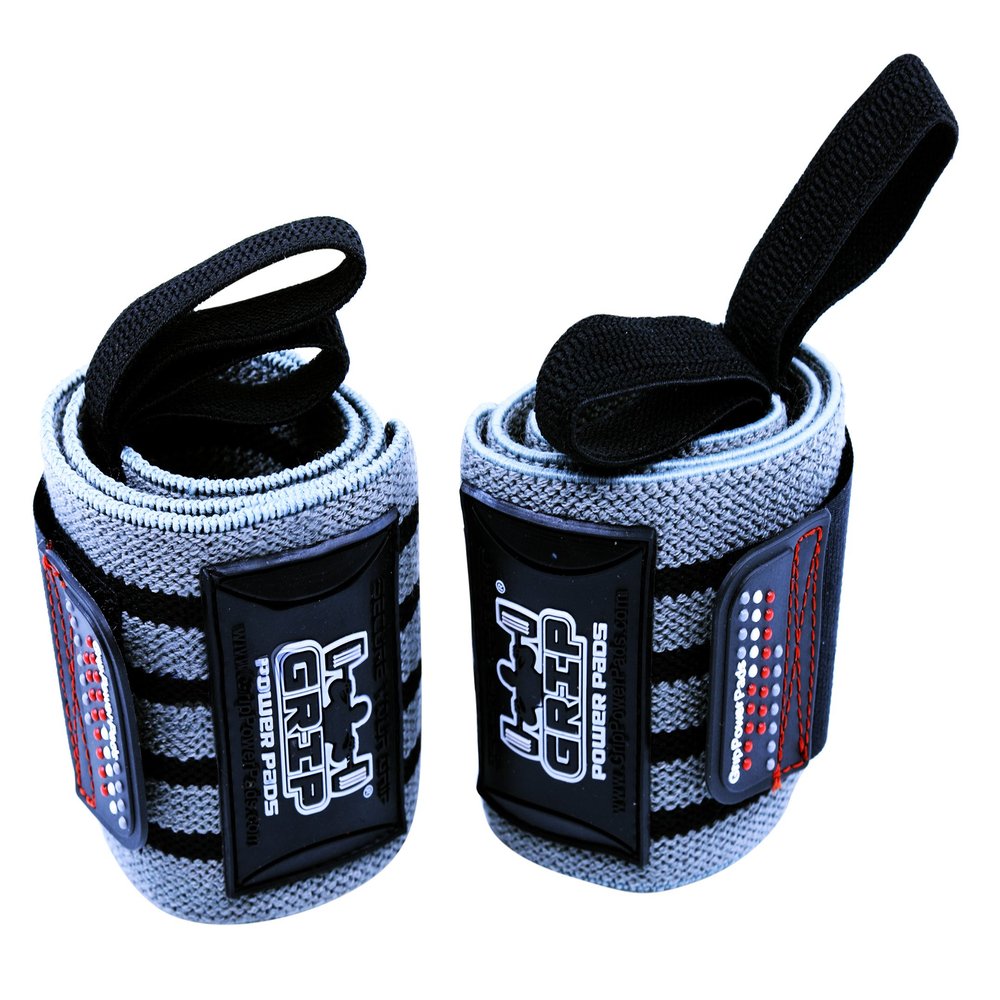 Grip Power Pads Deluxe Wrist Wraps 13" Long (1 Pair /2 Wraps) for Weight Lifting Wrist Support Cotton Wraps Gym Bandage Straps for Men & Women - Premium Quality & PRO Rubber (Gray, 18" Inches)
