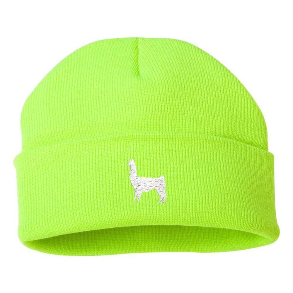 Go All Out One Size Safety Yellow Cuffed Llama Embroidered Cuffed Knit Beanie Cap