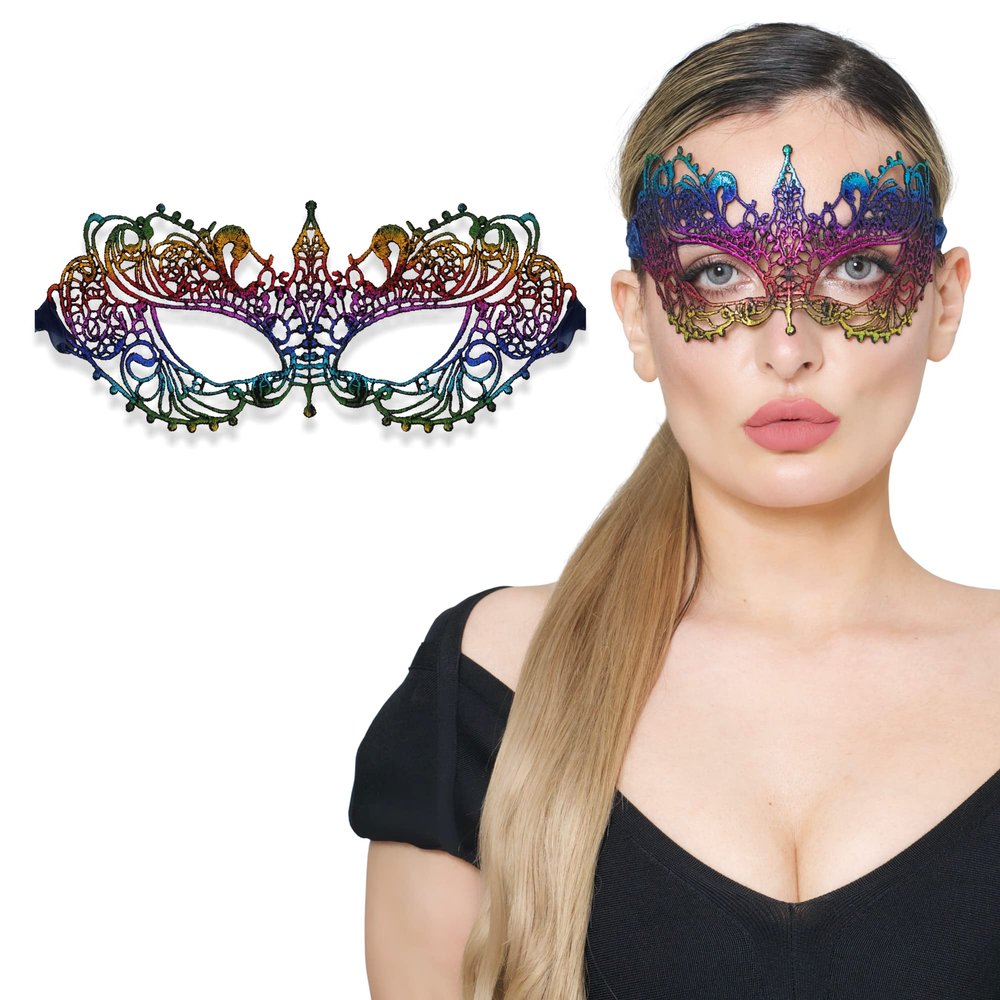 Rainbow Masquerade Mask For Women - Lace Masquerade Masks for Masquerade Party, Proms, Photo Shoot, Venetian Party, Mardi Gras, Halloween & Cosplay - Rainbow Color - Made in the USA