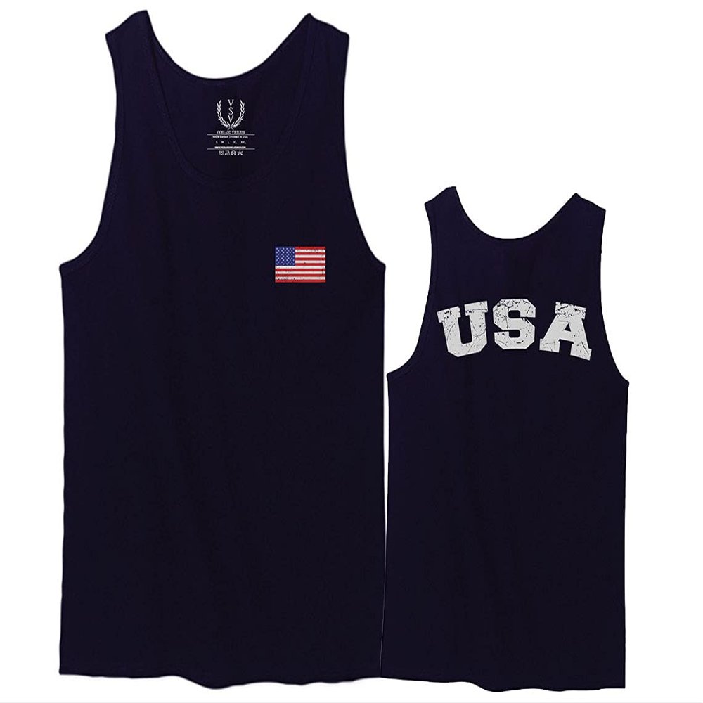 0088. Vintage American Flag United States USA Fonts Graphic 4th of July Memorial Military Patriotic Style Men's Tank Top (Navy Blue, Large)