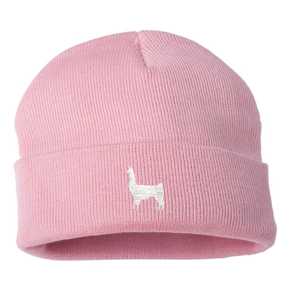 Go All Out One Size Pink Cuffed Llama Embroidered Cuffed Knit Beanie Cap
