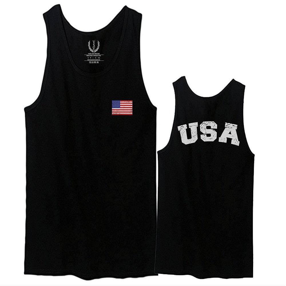 0088. Vintage American Flag United States USA Fonts Graphic 4th of July Memorial Military Patriotic Style Men's Tank Top (Red, X-Large)