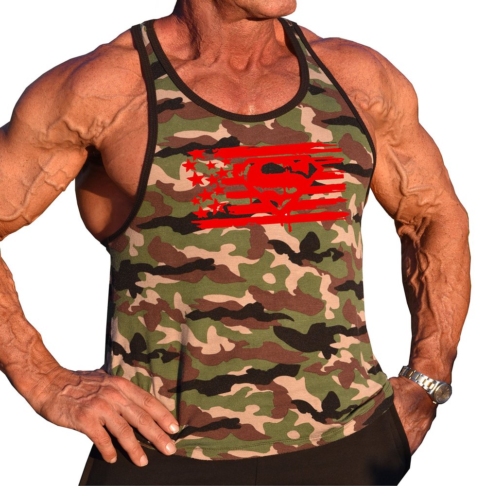 Fitted Camo Bodybuilder Tank Top with Red Super Flag Design