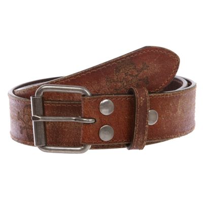 1 1/2" Snap On Vintage Stitching-Edged Distressed Embossed Skull & Cross Bones Leather Belt, Tan | 34"