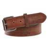 1 1/2" Snap On Vintage Stitching-Edged Distressed Embossed Skull & Cross Bones Leather Belt, Tan | 40" view 2