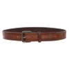 1 1/2" Snap On Vintage Stitching-Edged Distressed Embossed Skull & Cross Bones Leather Belt, Tan | 40" view 3