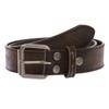 1 1/2" Snap On Vintage Stitching-Edged Distressed Embossed Skull & Cross Bones Leather Belt, Black/Brown | 44" view 1