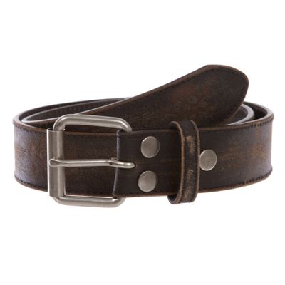 1 1/2" Snap On Vintage Stitching-Edged Distressed Embossed Skull & Cross Bones Leather Belt, Black/Brown | 34"