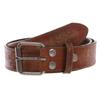 1 1/2" Snap On Vintage Stitching-Edged Distressed Embossed Skull & Cross Bones Leather Belt, Tan | 38" view 1