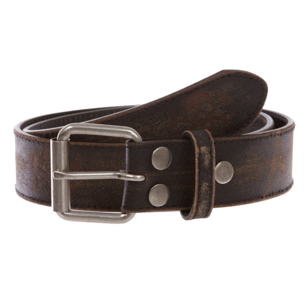 1 1/2" Snap On Vintage Stitching-Edged Distressed Embossed Skull & Cross Bones Leather Belt, Black/Brown | 42"
