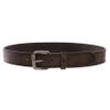 1 1/2" Snap On Vintage Stitching-Edged Distressed Embossed Skull & Cross Bones Leather Belt, Black/Brown | 42" view 3