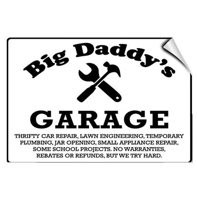 Big Daddy's Garage Thrifty Car Repair Parking Label Decal Sticker Sticks to Any Surface