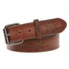 1 1/2" Snap On Vintage Stitching-Edged Distressed Embossed Skull & Cross Bones Leather Belt, Tan | 42" view 2