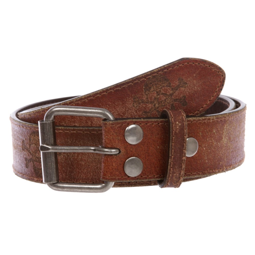 1 1/2" Snap On Vintage Stitching-Edged Distressed Embossed Skull & Cross Bones Leather Belt, Tan | 32"