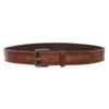 1 1/2" Snap On Vintage Stitching-Edged Distressed Embossed Skull & Cross Bones Leather Belt, Tan | 32" view 3