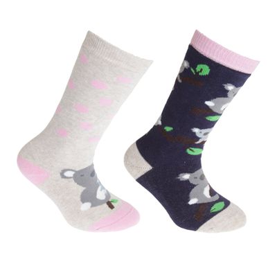 FLOSO Childrens/Kids Cotton Rich Welly Socks (2 Pairs) (7-9.5 Child US) (Navy/Beige)