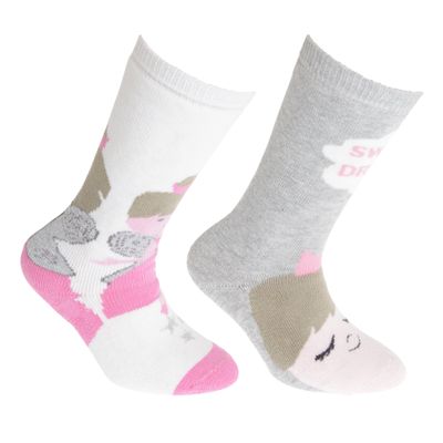 Floso Childrens/Kids Cotton Rich Welly Socks (2 Pairs) (7-9.5 Child US) (Cream/Pink)