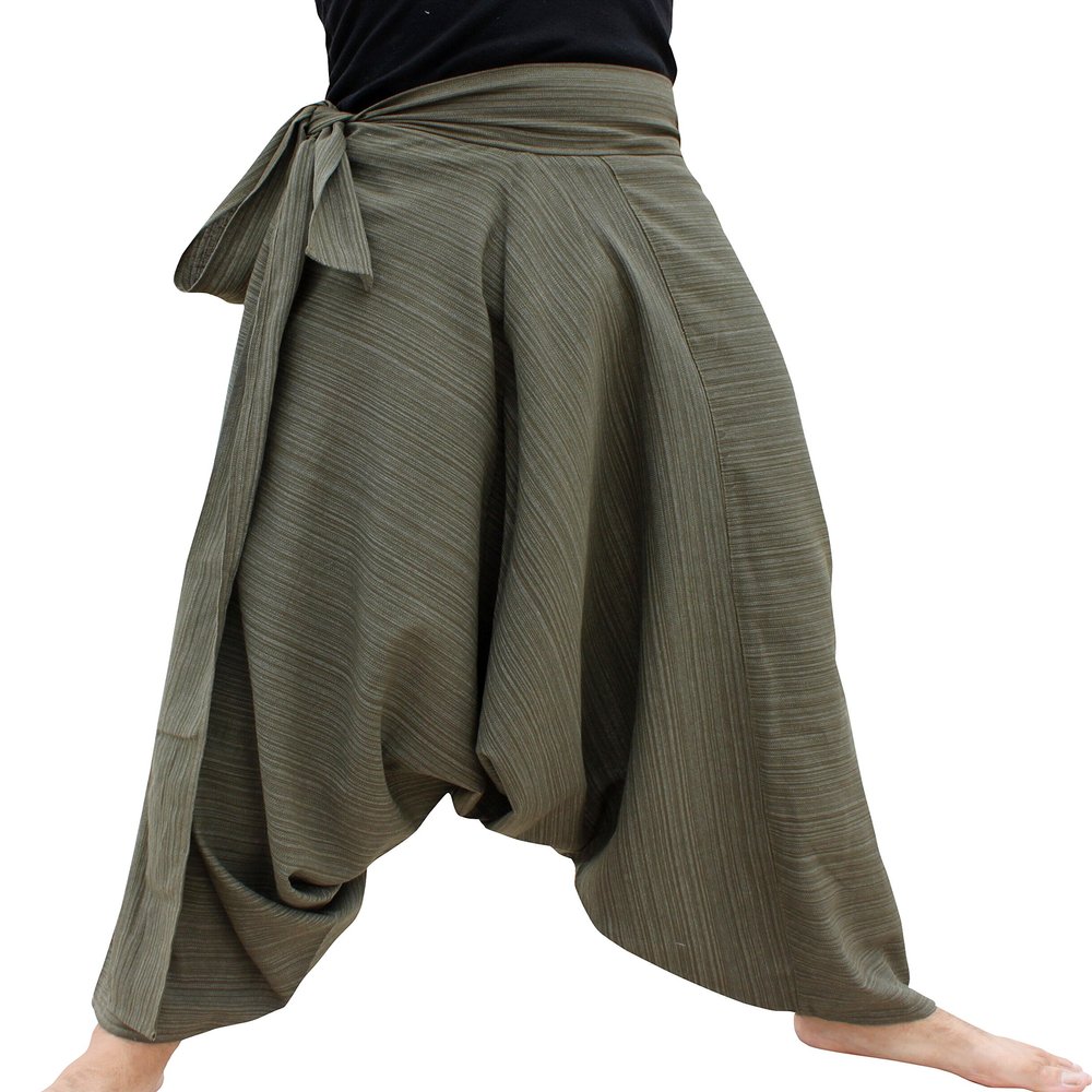 RaanPahMuang Mixed Cotton Mao Hill Tribe Pants Side Tie, X-Large, Striped Cotton - Dark Moss Green