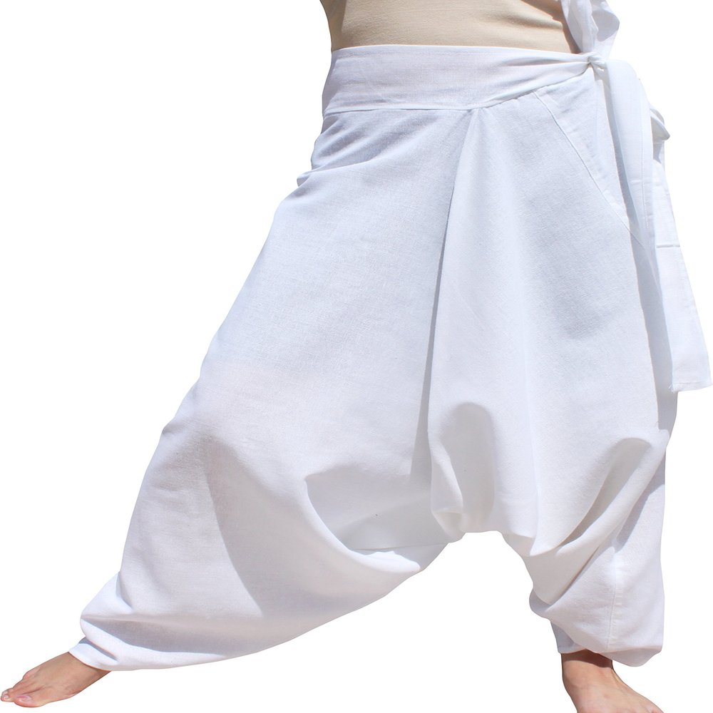 RaanPahMuang Mixed Cotton Mao Hill Tribe Pants Side Tie, Large, Striped Cotton - White