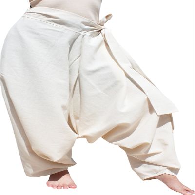 RaanPahMuang Mixed Cotton Mao Hill Tribe Pants Side Tie, Large, Striped Cotton - Natural Cream