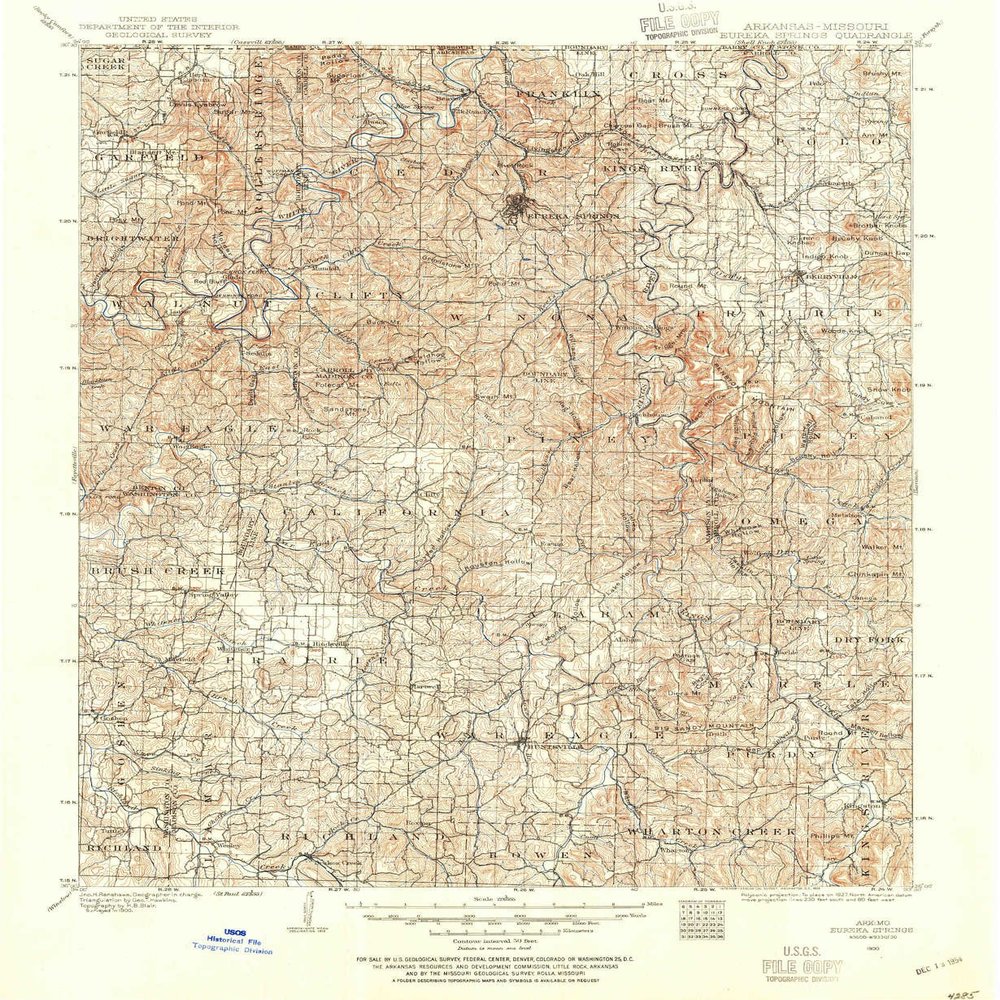 YellowMaps Eureka Springs AR topo map, 1:125000 Scale, 30 X 30 Minute, Historical, 1900, Updated 1954, 20.8 x 17 in - Tyvek