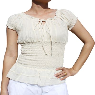 RaanPahMuang Ladies Baby Doll Serving Shirt with Smock Waist and Laced Collar, Large, Cream