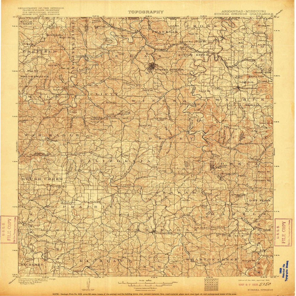YellowMaps Eureka Springs AR topo map, 1:125000 Scale, 30 X 30 Minute, Historical, 1901, Updated 1916, 19.9 x 16.5 in - Tyvek