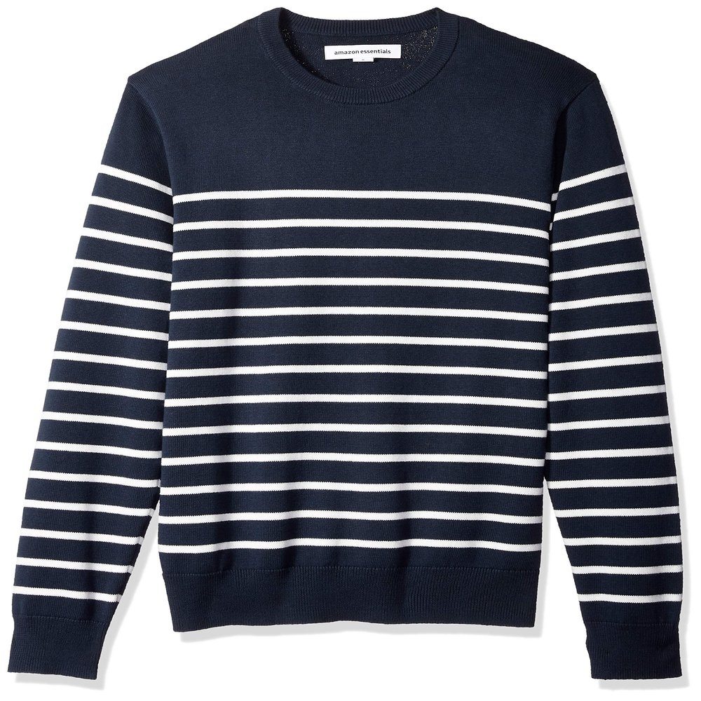 Amazon Essentials Men's Long-Sleeve Crewneck Sweater, 100% Cotton, Big & Tall Options Available, Dark Navy White Stripe, XX-Large