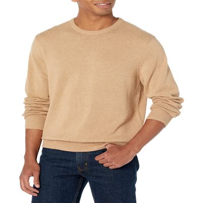 Amazon Essentials Men's Long-Sleeve Crewneck Sweater, 100% Cotton, Big & Tall Options Available, Camel Heather, X-Small