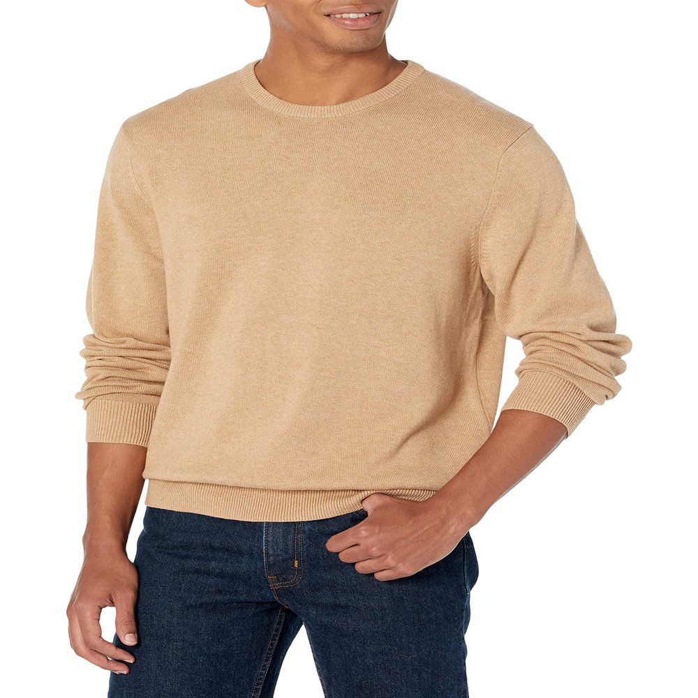 Amazon Essentials Men's Long-Sleeve Crewneck Sweater, 100% Cotton, Big & Tall Options Available, Camel Heather, X-Small