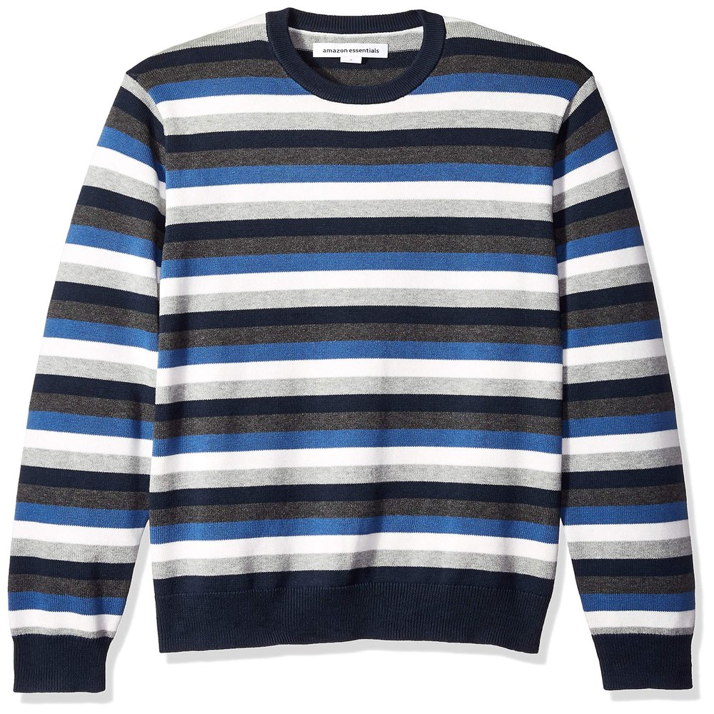 Amazon Essentials Men's Long-Sleeve Crewneck Sweater, 100% Cotton, Big & Tall Options Available, Multicolor Stripe, Medium