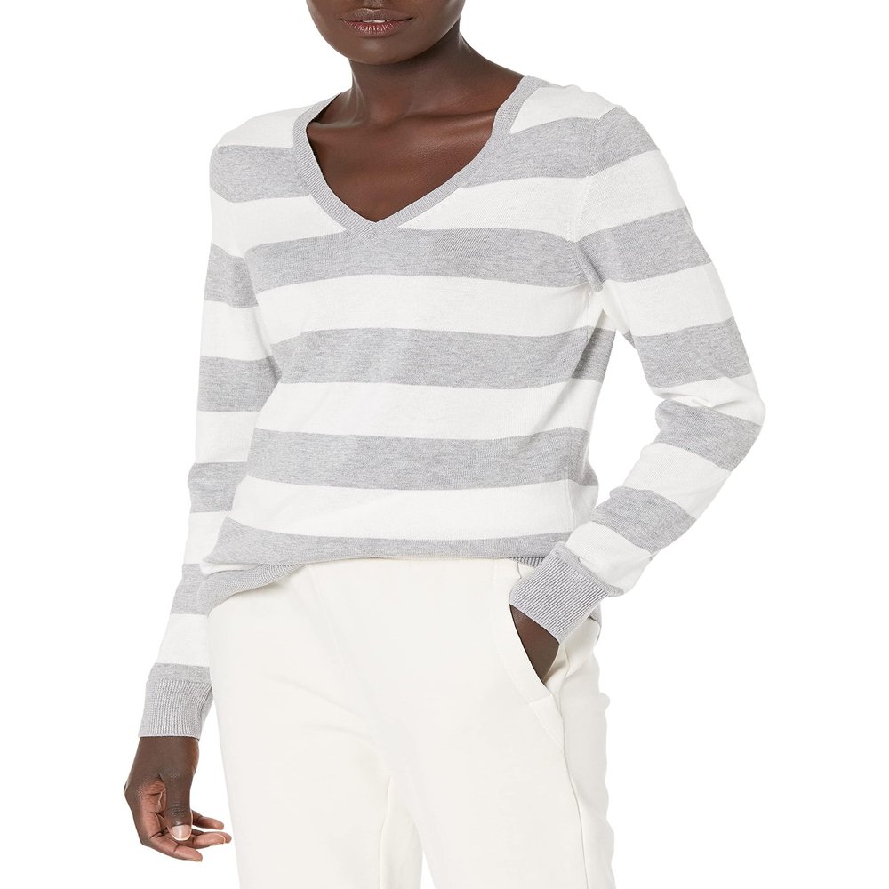 Amazon Essentials Women's Regular-Fit Lightweight Long-Sleeve V-Neck Sweater (Available in Plus Size), Light Grey Heather White Rugby Stripe, Medium