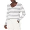 Amazon Essentials Women's Regular-Fit Lightweight Long-Sleeve V-Neck Sweater (Available in Plus Size), Light Grey Heather White Rugby Stripe, Medium view 1