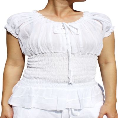 RaanPahMuang Ladies Baby Doll Serving Shirt with Smock Waist and Laced Collar, Large, Pure White