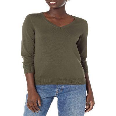 Amazon Essentials Women's Regular-Fit Lightweight Long-Sleeve V-Neck Sweater (Available in Plus Size), Dark Olive Heather, Medium