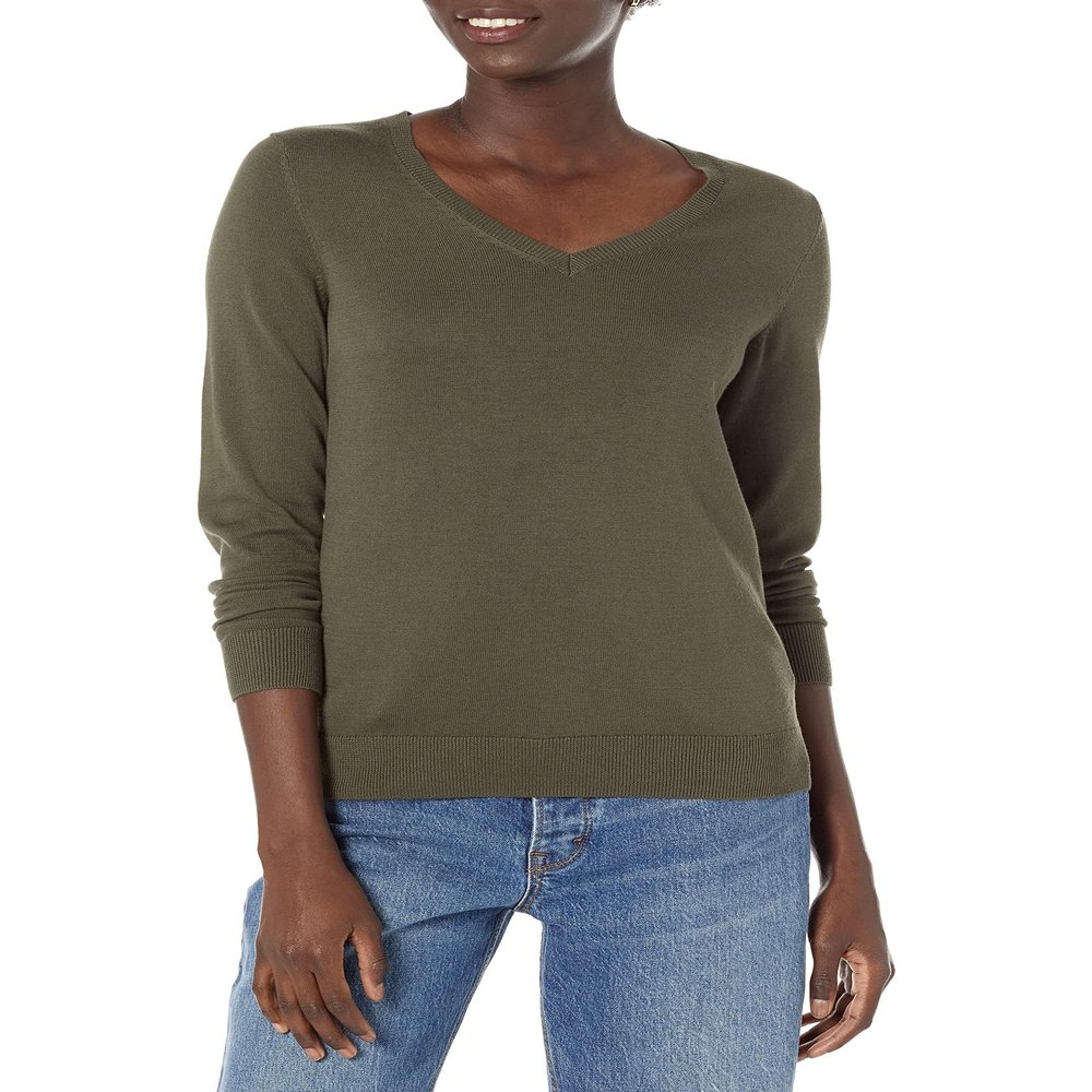 Amazon Essentials Women's Regular-Fit Lightweight Long-Sleeve V-Neck Sweater (Available in Plus Size), Dark Olive Heather, Medium