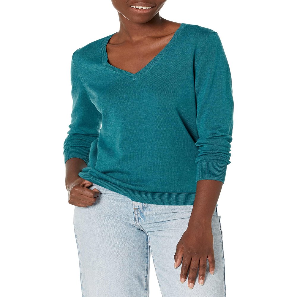 Amazon Essentials Women's Regular-Fit Lightweight Long-Sleeve V-Neck Sweater (Available in Plus Size), Teal Blue Heather, X-Large