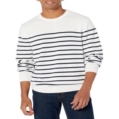 Amazon Essentials Men's Long-Sleeve Crewneck Sweater, 100% Cotton, Big & Tall Options Available, Navy White Placed Stripe, Large