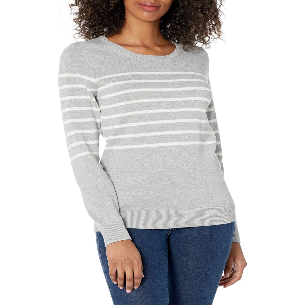 Amazon Essentials Women's Long-Sleeve Lightweight Crewneck Sweater (Available in Plus Size), Light Grey Heather White Placed Stripe, XX-Large
