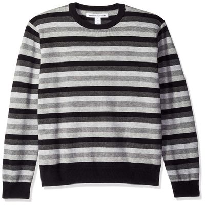 Amazon Essentials Men's Long-Sleeve Crewneck Sweater, 100% Cotton, Big & Tall Options Available, Black Grey Stripe, X-Large
