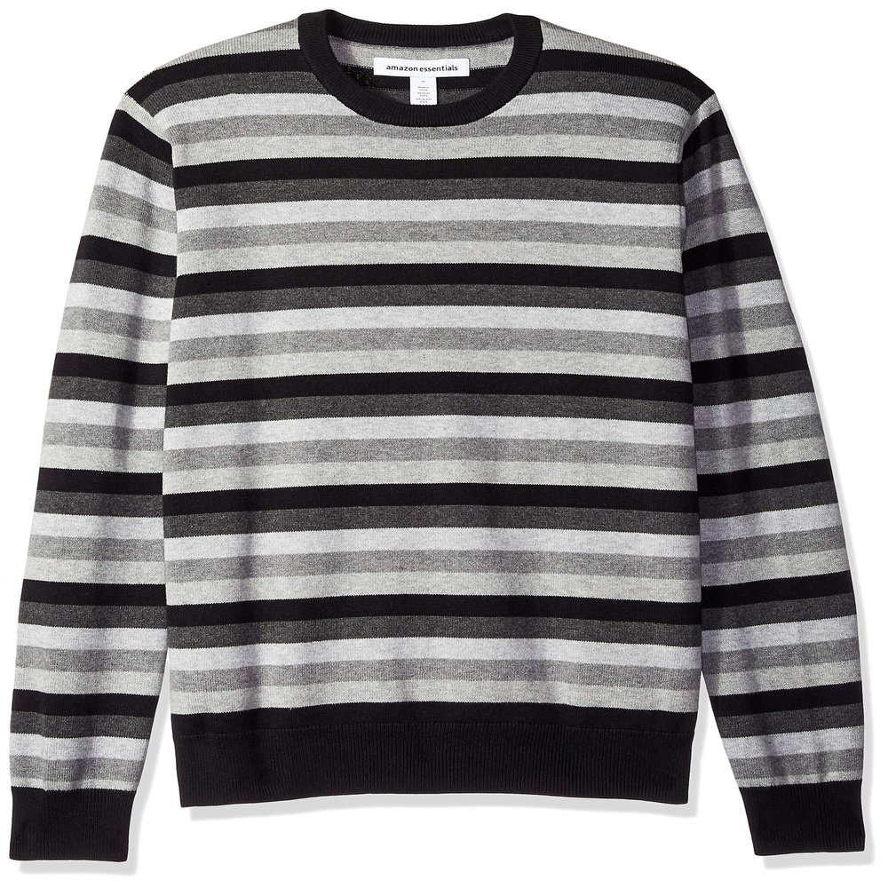 Amazon Essentials Men's Long-Sleeve Crewneck Sweater, 100% Cotton, Big & Tall Options Available, Black Grey Stripe, X-Large