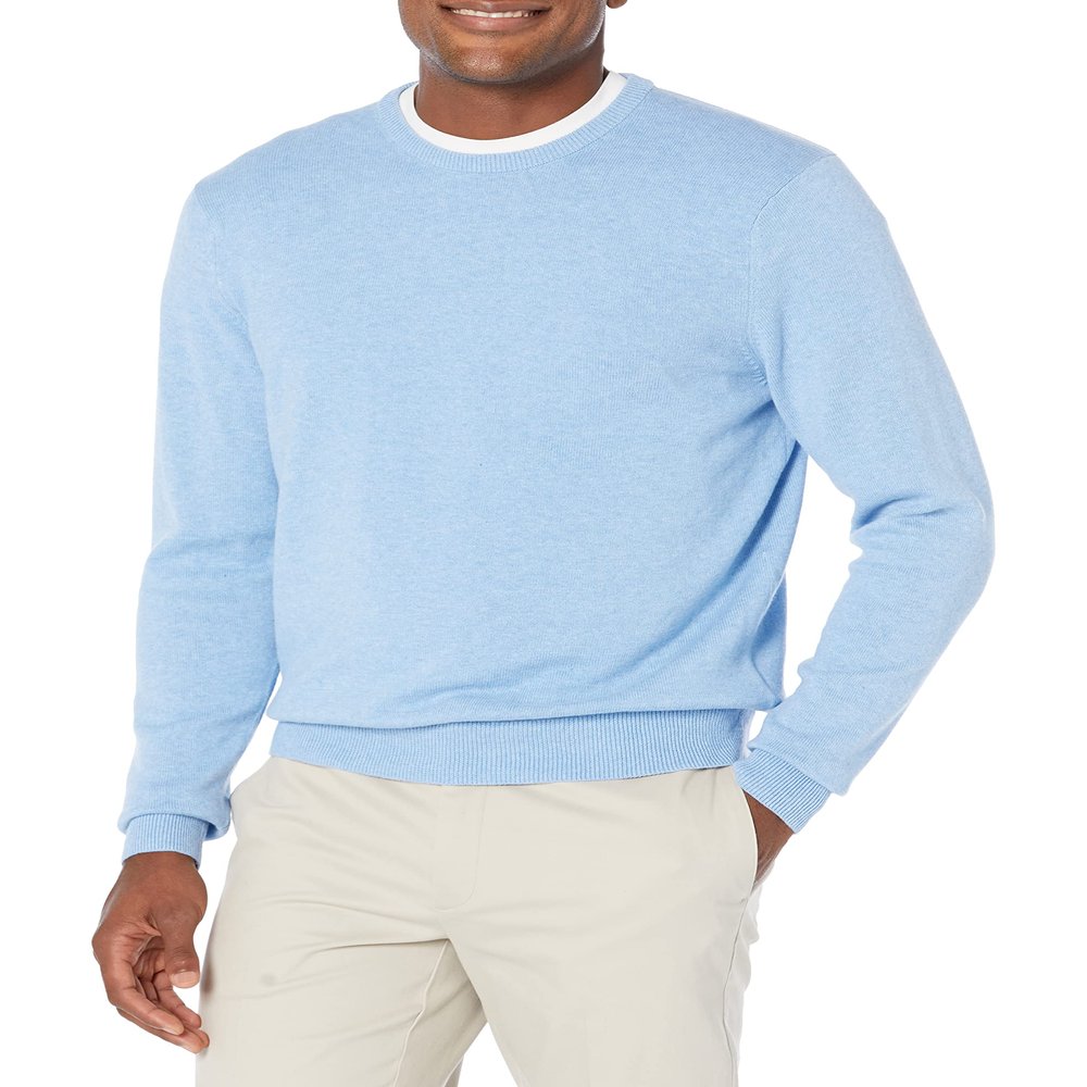 Amazon Essentials Men's Long-Sleeve Crewneck Sweater, 100% Cotton, Big & Tall Options Available, Light Blue Heather, X-Large