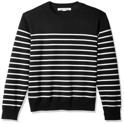 Amazon Essentials Men's Long-Sleeve Crewneck Sweater, 100% Cotton, Big & Tall Options Available, Black White Placed Stripe, Medium