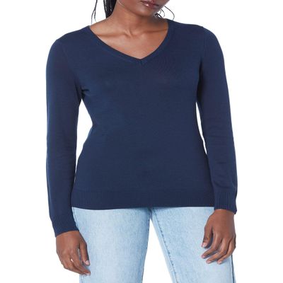 Amazon Essentials Women's Regular-Fit Lightweight Long-Sleeve V-Neck Sweater (Available in Plus Size), Navy, X-Small