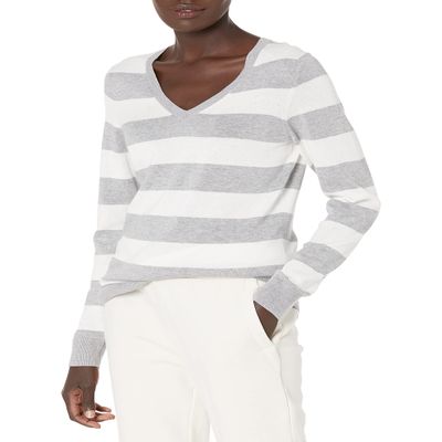 Amazon Essentials Women's Regular-Fit Lightweight Long-Sleeve V-Neck Sweater (Available in Plus Size), Light Grey Heather White Rugby Stripe, Large