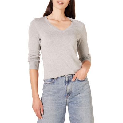 Amazon Essentials Women's Regular-Fit Lightweight Long-Sleeve V-Neck Sweater (Available in Plus Size), Light Grey Heather, X-Large