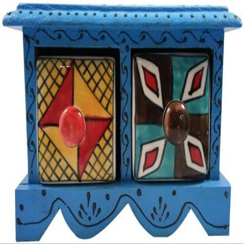 India Meets India Handmade Crafted Wooden and Ceramic Small Chest of 2 Decorated Drawer Jewellery Organizer, Chest Drawer Handicraft